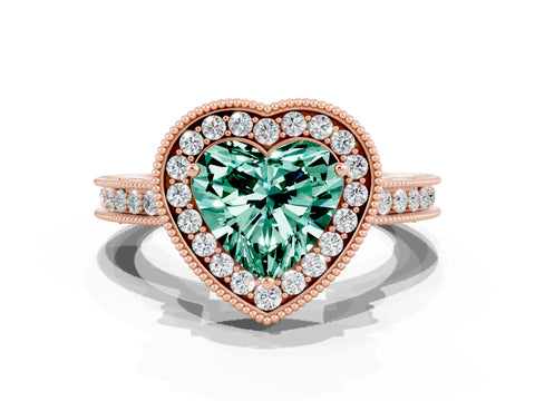 Rose gold Heart Cut Halo Diamond Engagement Ring with Milgrain Pave Band and Four-Prong Setting