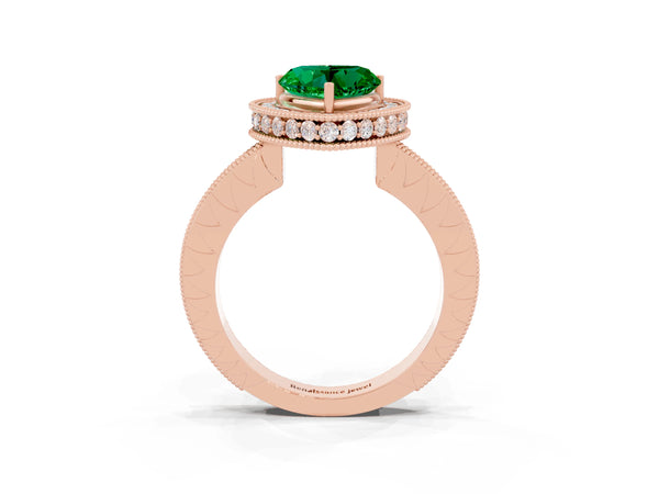 Rose gold Heart Cut Halo Diamond Engagement Ring with Milgrain Pave Band and Four-Prong Setting