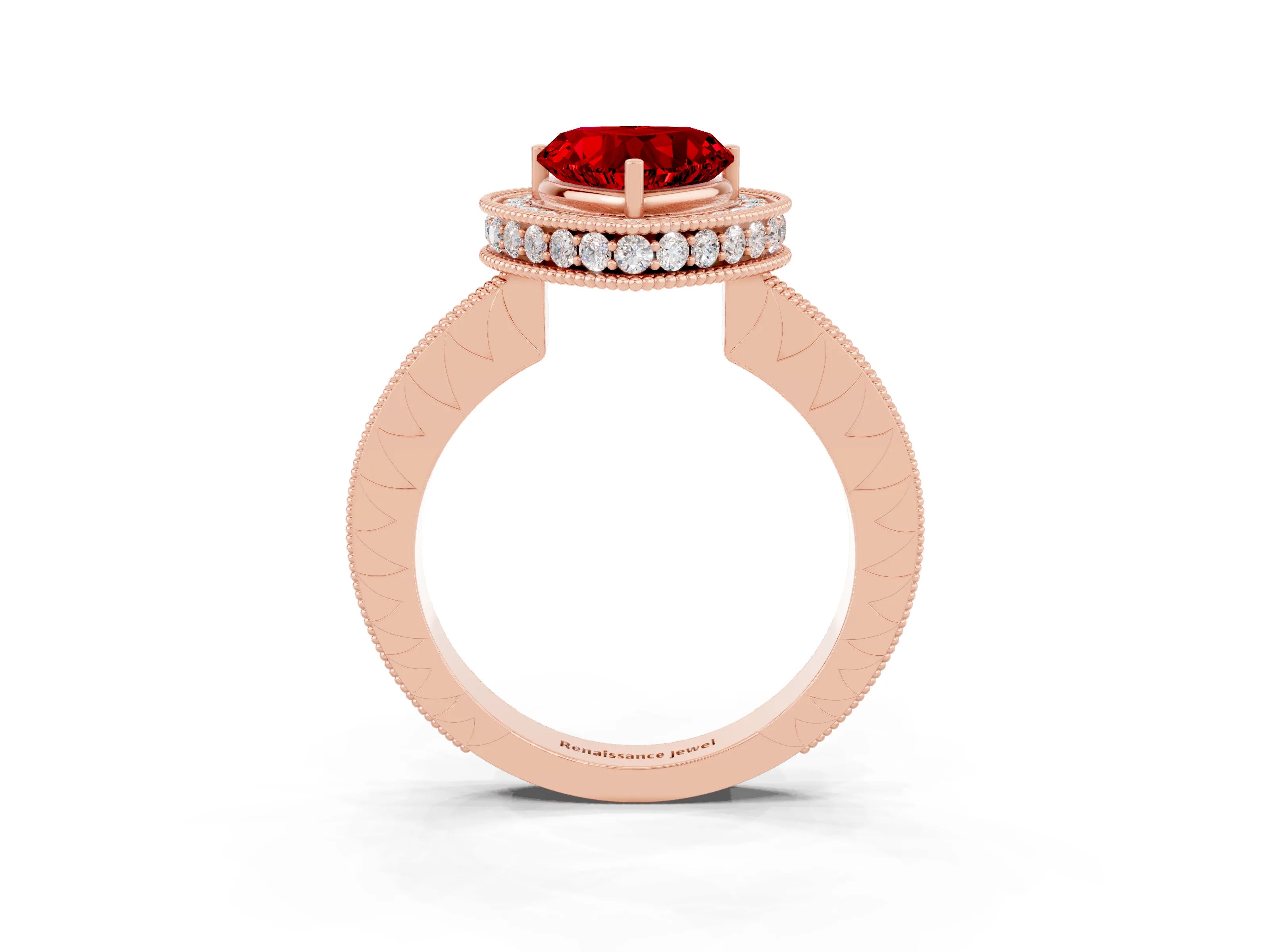 Rose gold Heart Cut Halo Diamond Engagement Ring with Milgrain Pave Band and Four-Prong Setting_3