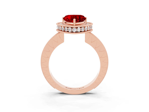 Rose gold Heart Cut Halo Diamond Engagement Ring with Milgrain Pave Band and Four-Prong Setting