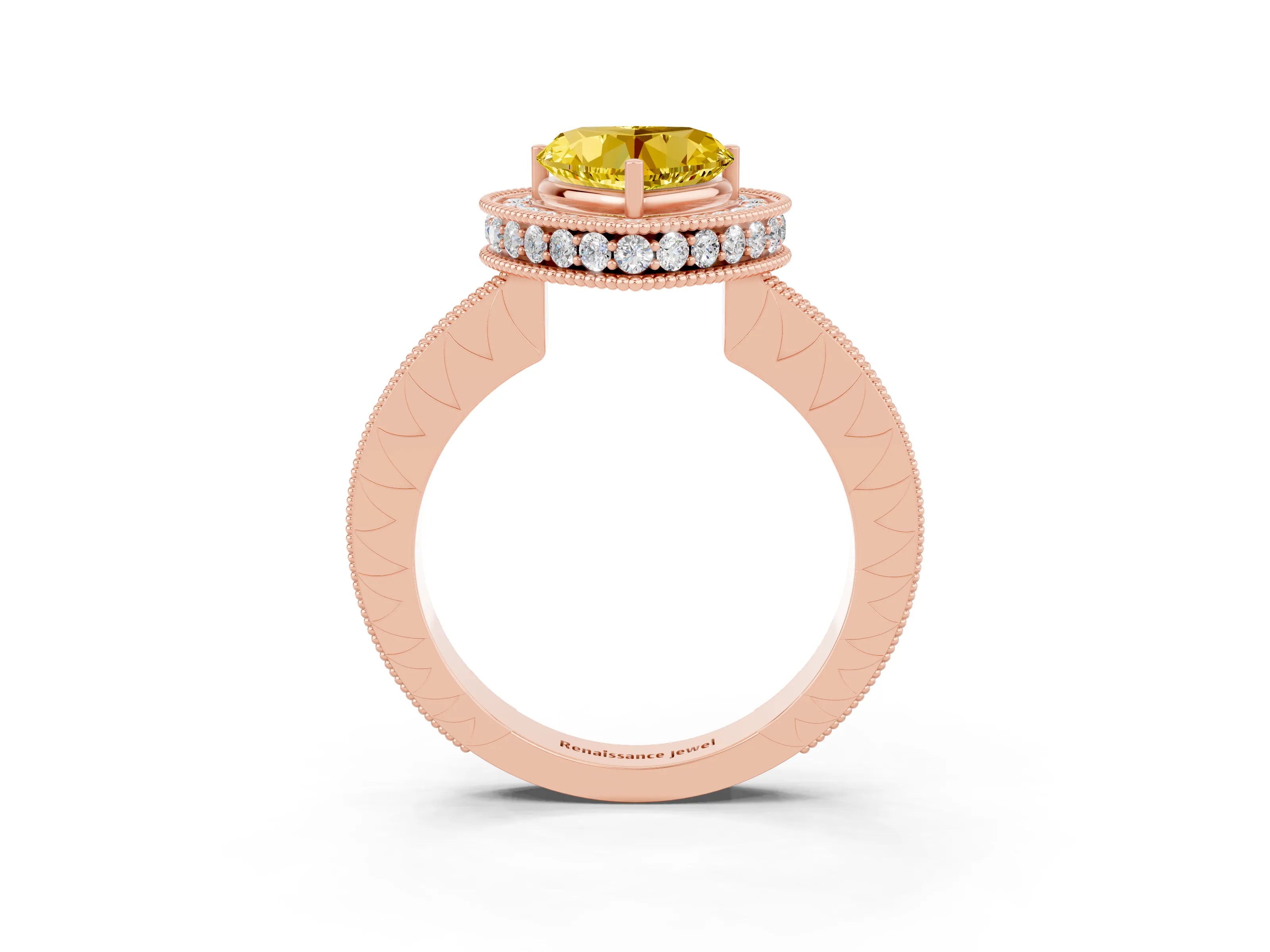 Rose gold Heart Cut Halo Diamond Engagement Ring with Milgrain Pave Band and Four-Prong Setting_3