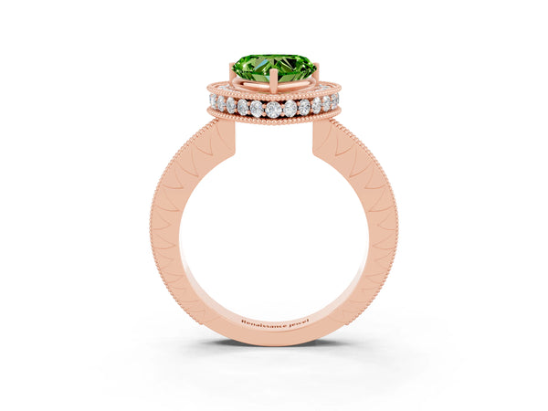 Rose gold Heart Cut Halo Diamond Engagement Ring with Milgrain Pave Band and Four-Prong Setting