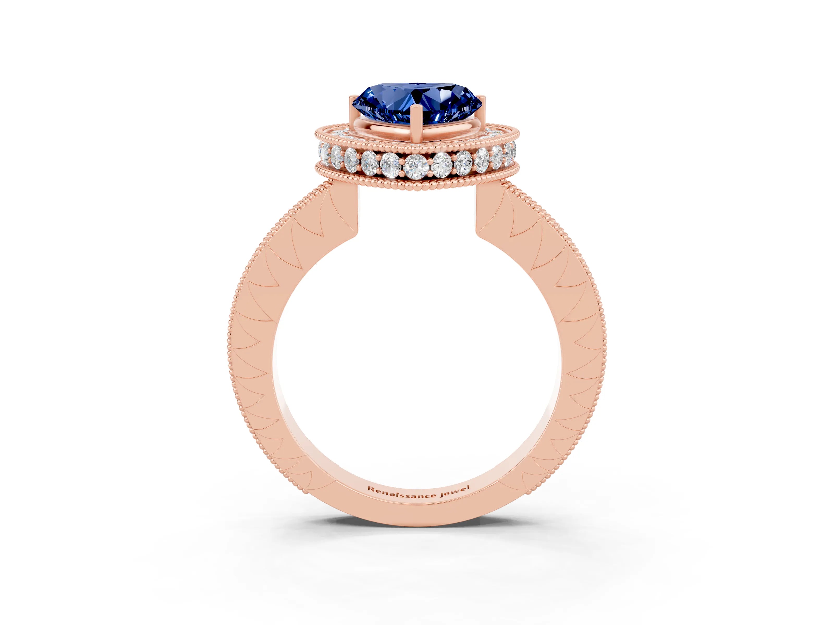 Rose gold Heart Cut Halo Diamond Engagement Ring with Milgrain Pave Band and Four-Prong Setting_3