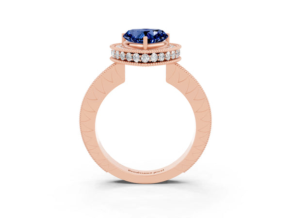 Rose gold Heart Cut Halo Diamond Engagement Ring with Milgrain Pave Band and Four-Prong Setting