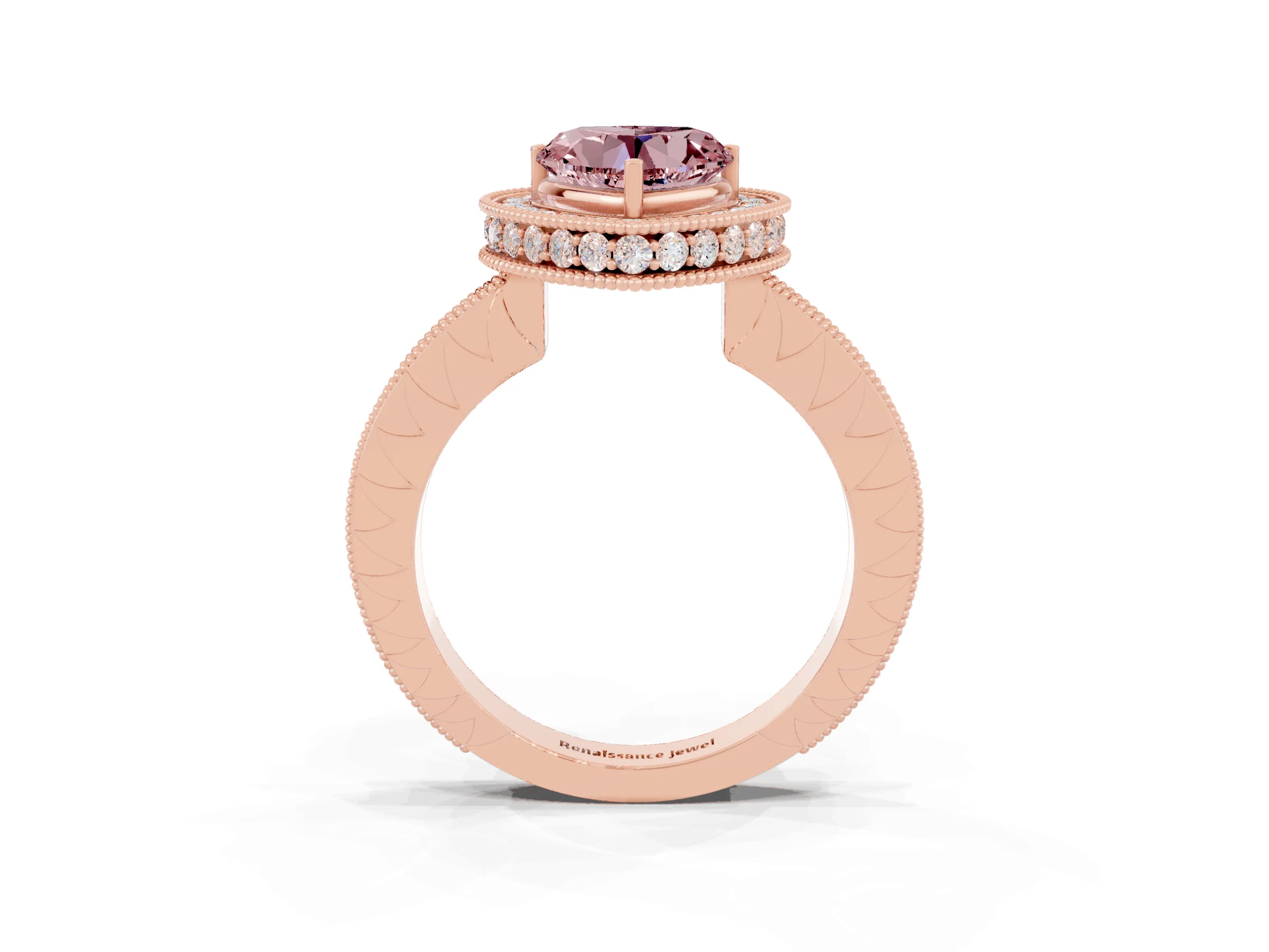 Rose gold Heart Cut Halo Diamond Engagement Ring with Milgrain Pave Band and Four-Prong Setting_3