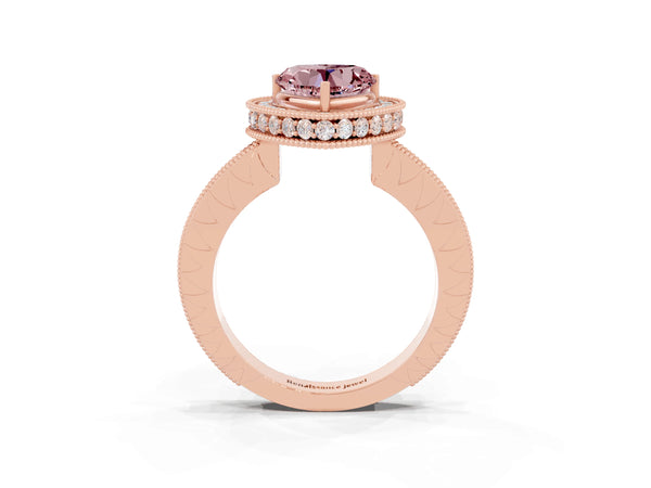 Rose gold Heart Cut Halo Diamond Engagement Ring with Milgrain Pave Band and Four-Prong Setting