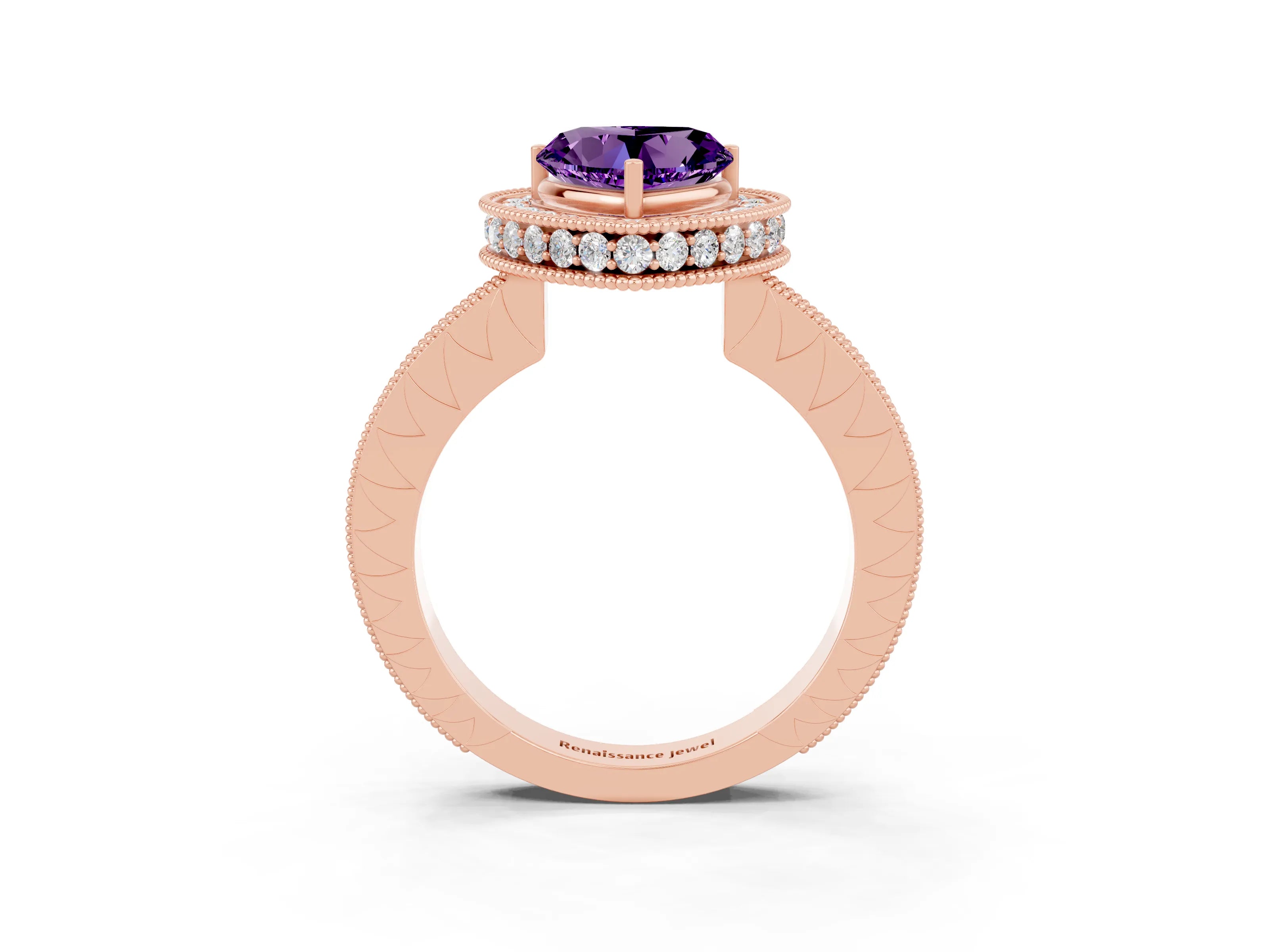 Rose gold Heart Cut Halo Diamond Engagement Ring with Milgrain Pave Band and Four-Prong Setting_3