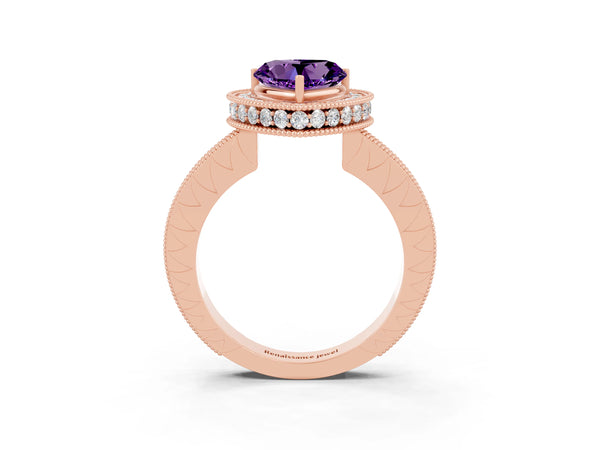 Rose gold Heart Cut Amethyst Milgrain Halo Engagement Ring with Round Pavé Band and Prong Setting