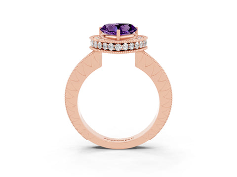 Rose gold Heart Cut Halo Diamond Engagement Ring with Milgrain Pave Band and Four-Prong Setting_3