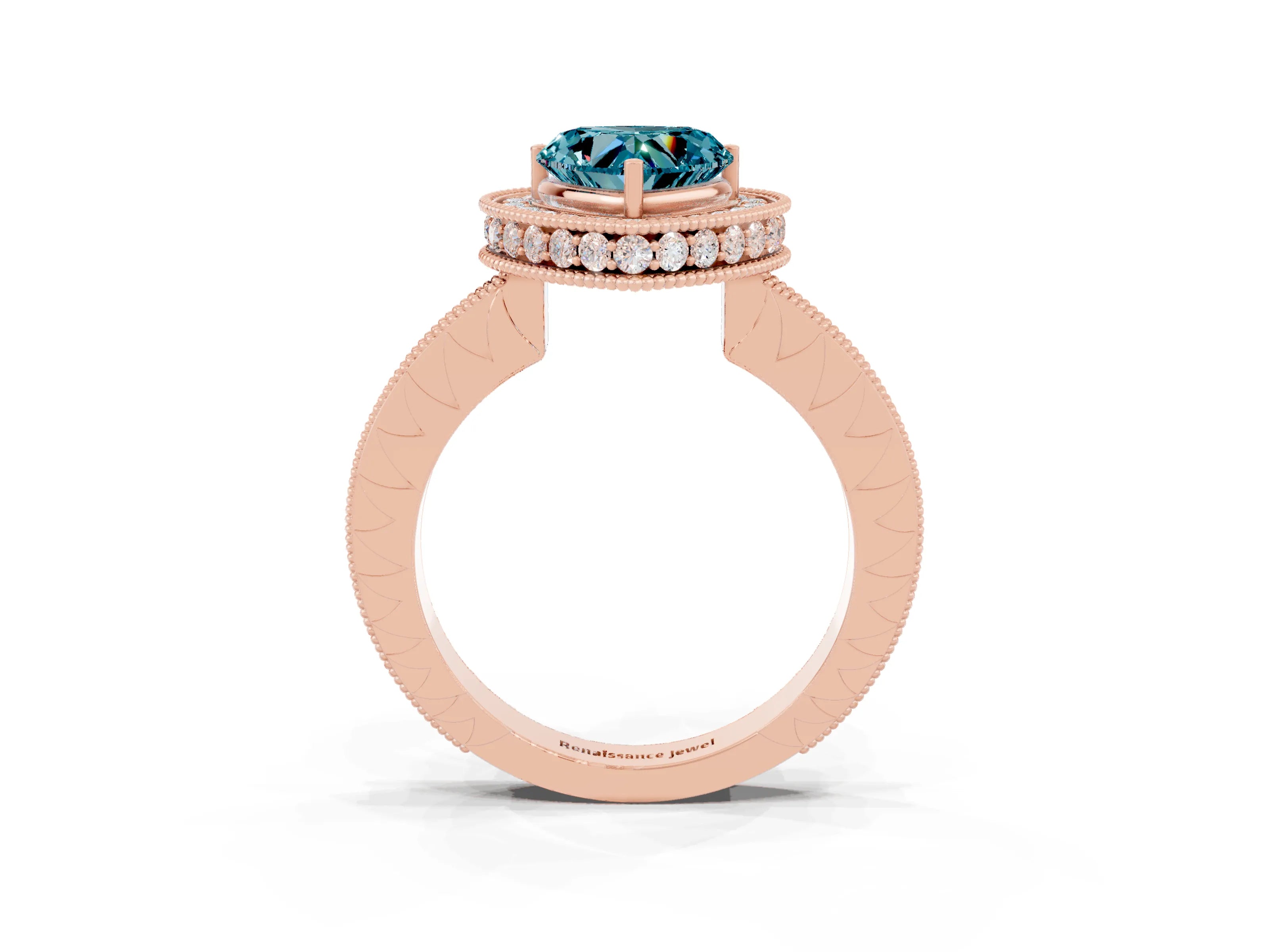 Rose gold Heart Cut Halo Diamond Engagement Ring with Milgrain Pave Band and Four-Prong Setting_3