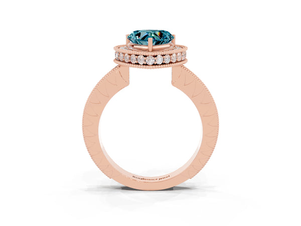 Rose gold Heart Cut Halo Diamond Engagement Ring with Milgrain Pave Band and Four-Prong Setting