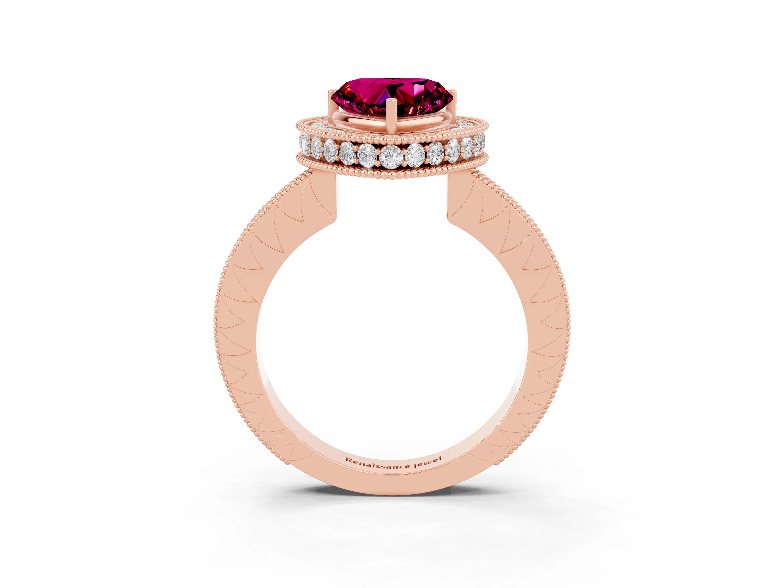 Rose gold Heart Cut Halo Diamond Engagement Ring with Milgrain Pave Band and Four-Prong Setting_3