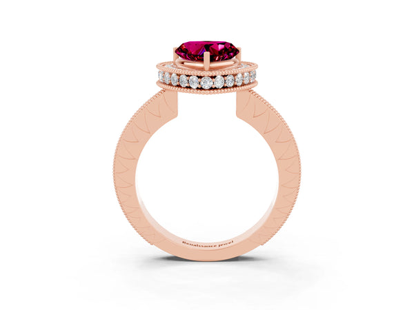 Rose gold Heart Cut Halo Diamond Engagement Ring with Milgrain Pave Band and Four-Prong Setting