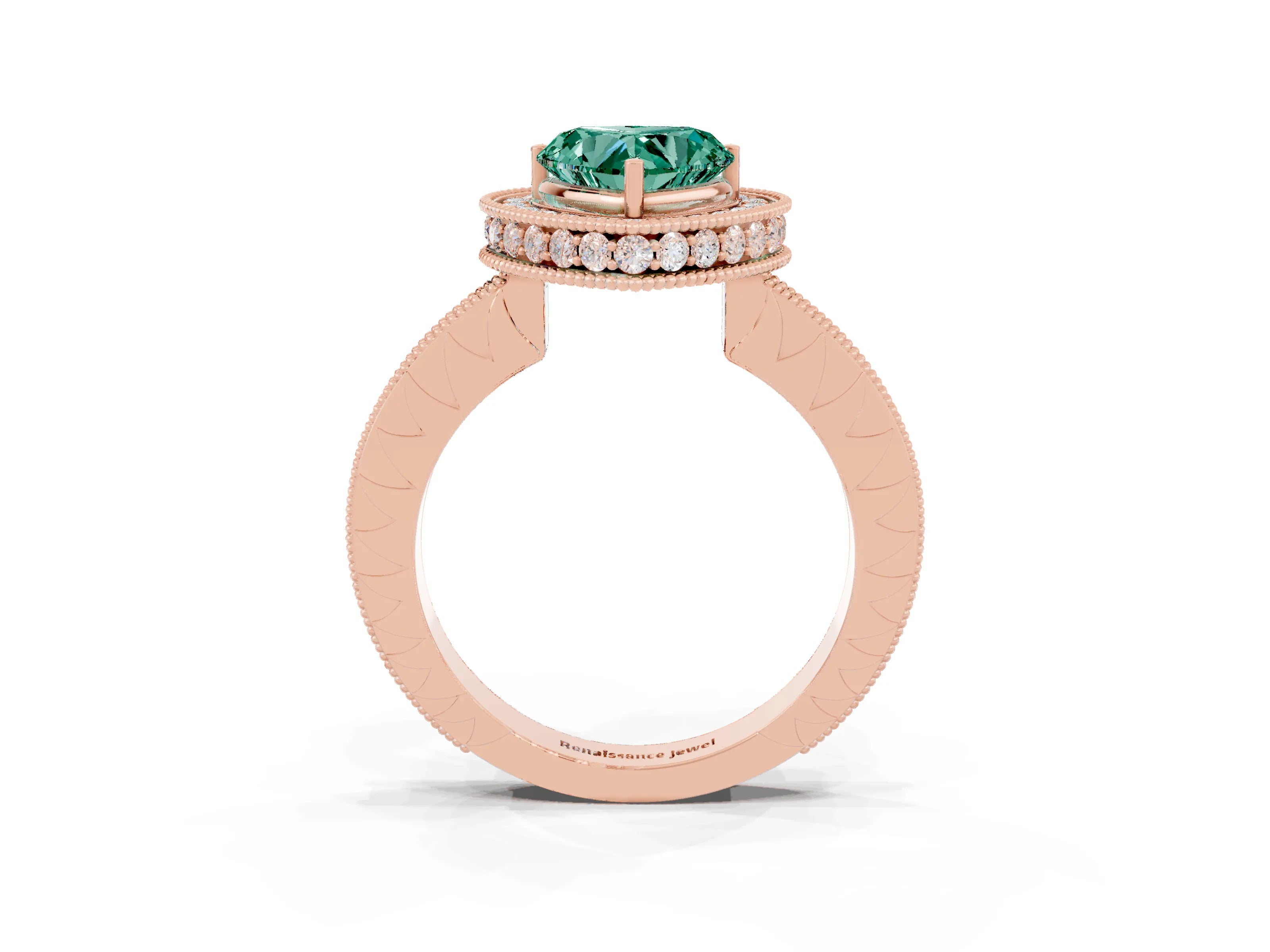Rose gold Heart Cut Halo Diamond Engagement Ring with Milgrain Pave Band and Four-Prong Setting_3