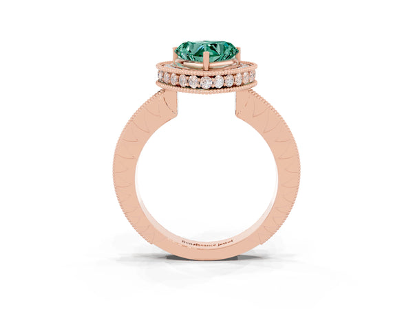 Rose gold Heart Cut Halo Diamond Engagement Ring with Milgrain Pave Band and Four-Prong Setting
