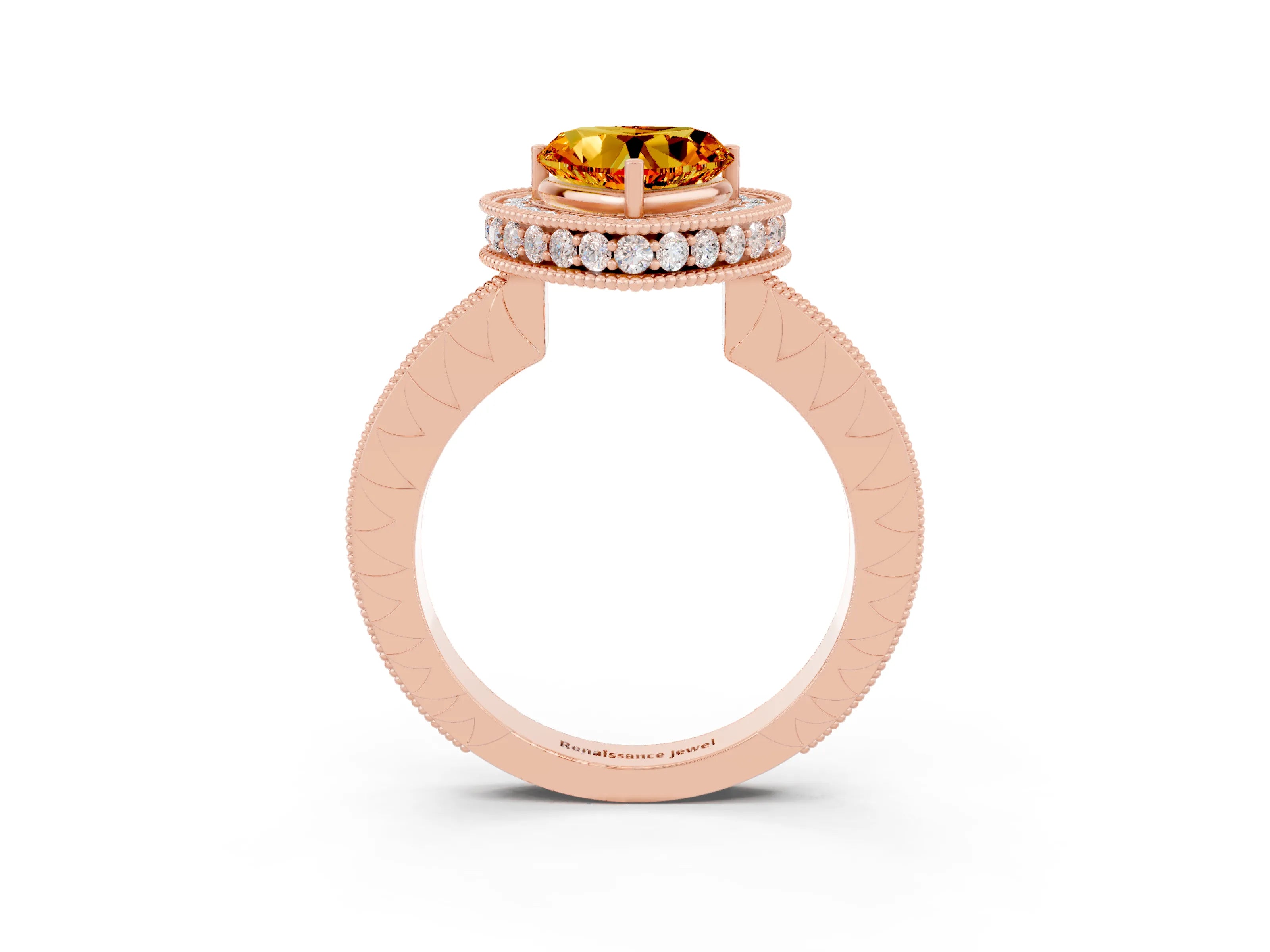 Rose gold Heart Cut Halo Diamond Engagement Ring with Milgrain Pave Band and Four-Prong Setting_3