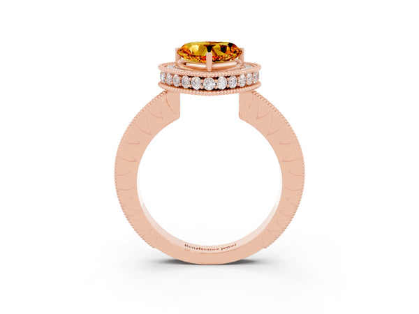 Rose gold Heart Cut Halo Diamond Engagement Ring with Milgrain Pave Band and Four-Prong Setting