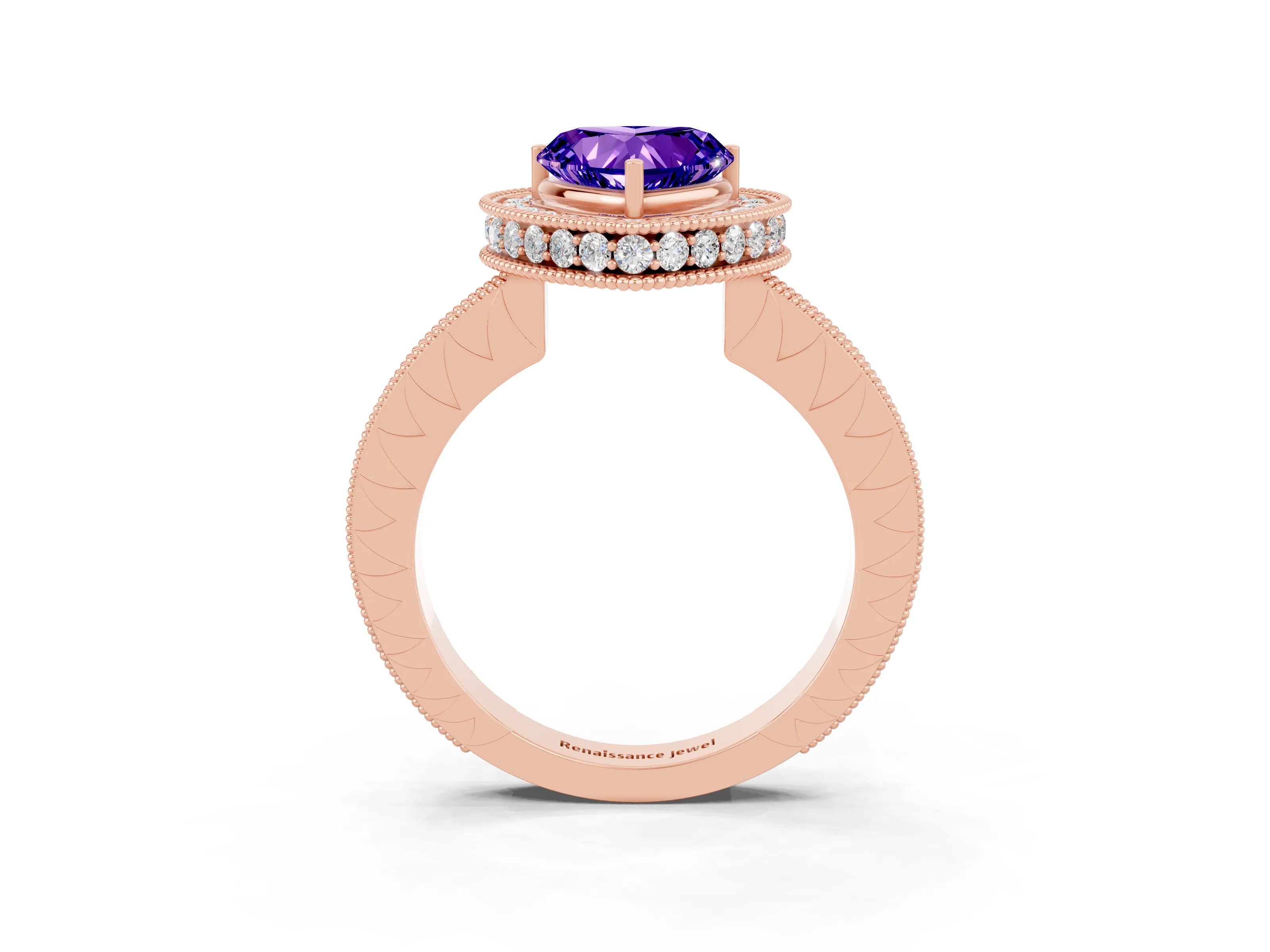 Rose gold Heart Cut Halo Diamond Engagement Ring with Milgrain Pave Band and Four-Prong Setting_3