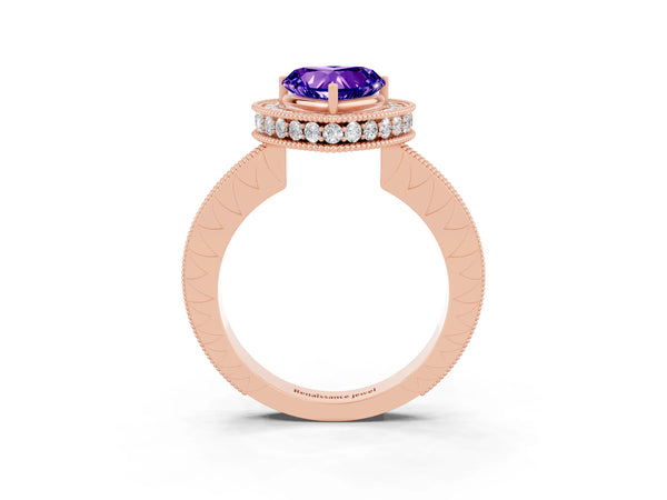 Rose gold Heart Cut Halo Diamond Engagement Ring with Milgrain Pave Band and Four-Prong Setting