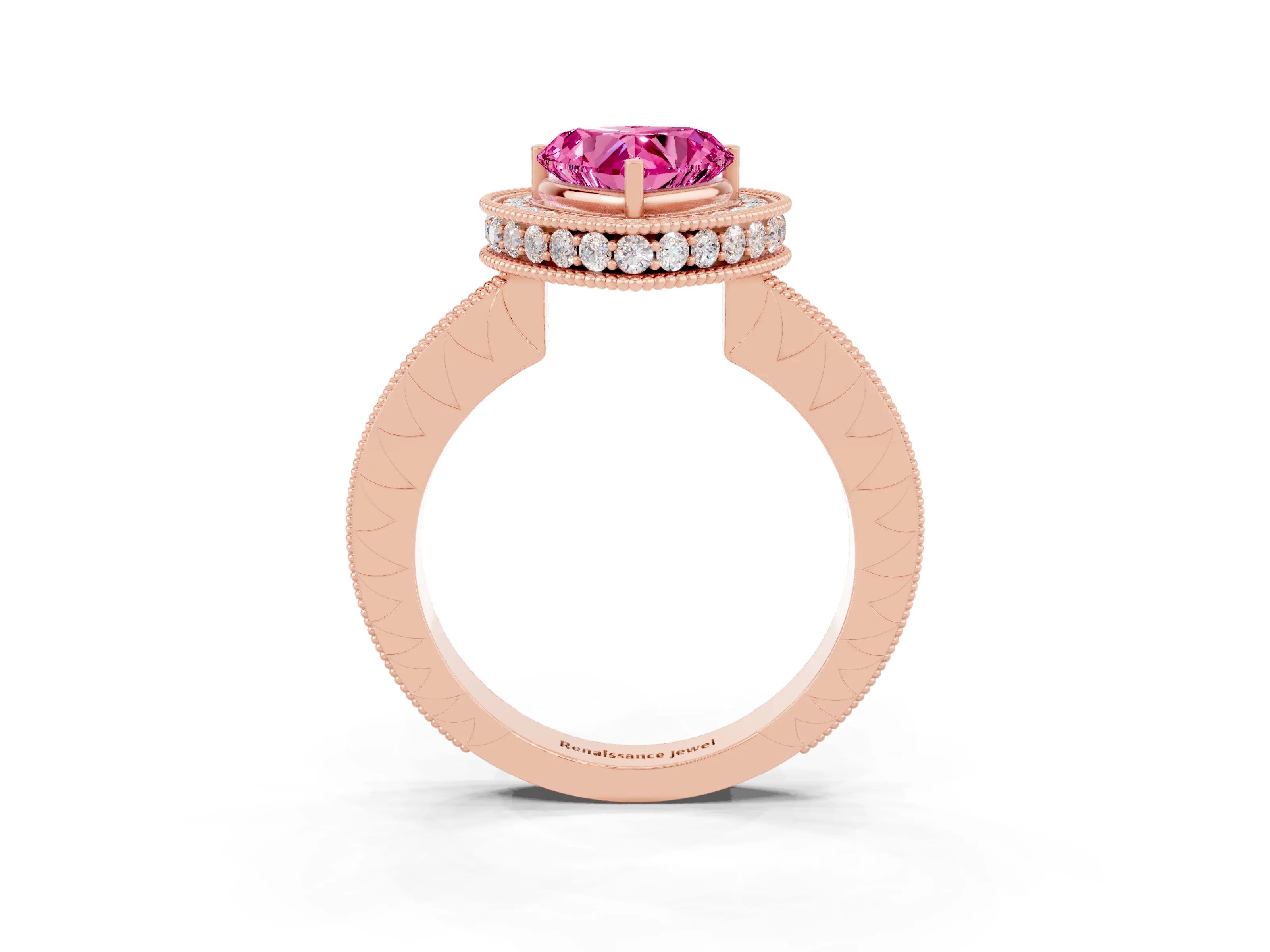 Rose gold Heart Cut Halo Diamond Engagement Ring with Milgrain Pave Band and Four-Prong Setting_3