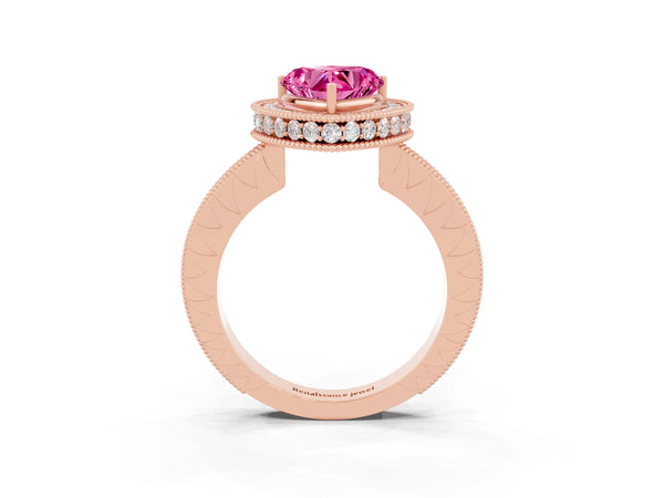 Rose gold Heart Cut Halo Diamond Engagement Ring with Milgrain Pave Band and Four-Prong Setting