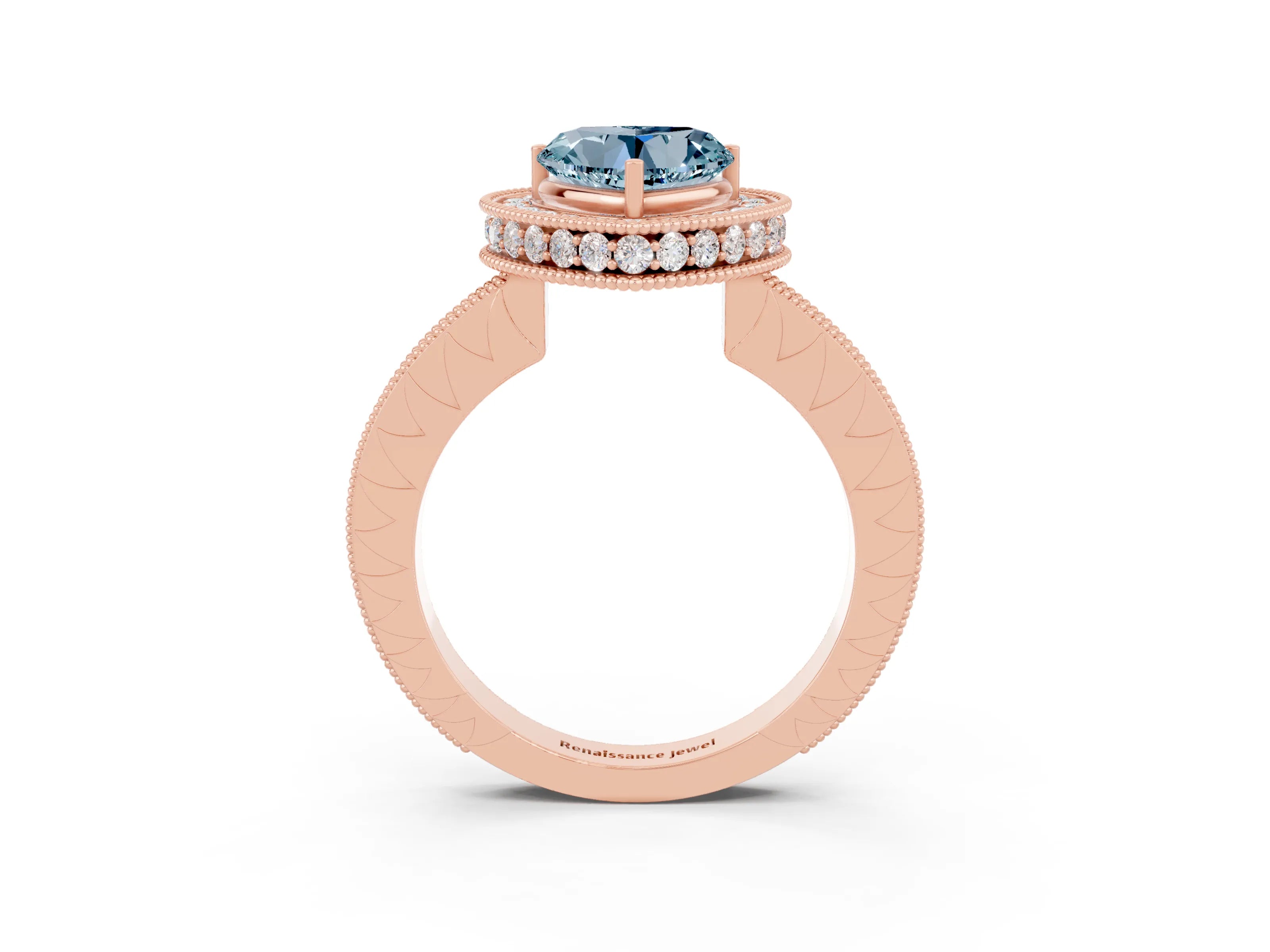 Rose gold Heart Cut Halo Diamond Engagement Ring with Milgrain Pave Band and Four-Prong Setting_3