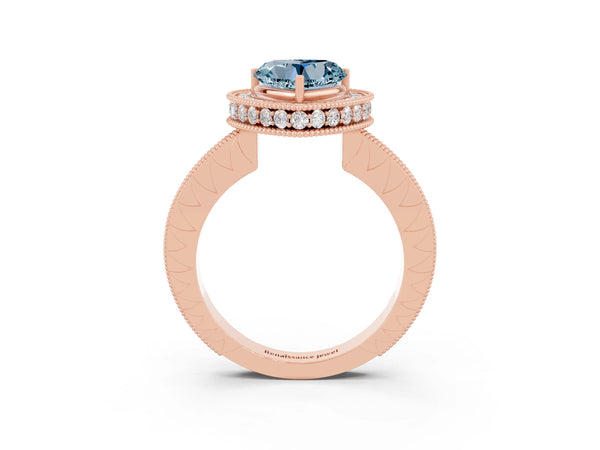 Rose gold Heart Cut Halo Diamond Engagement Ring with Milgrain Pave Band and Four-Prong Setting