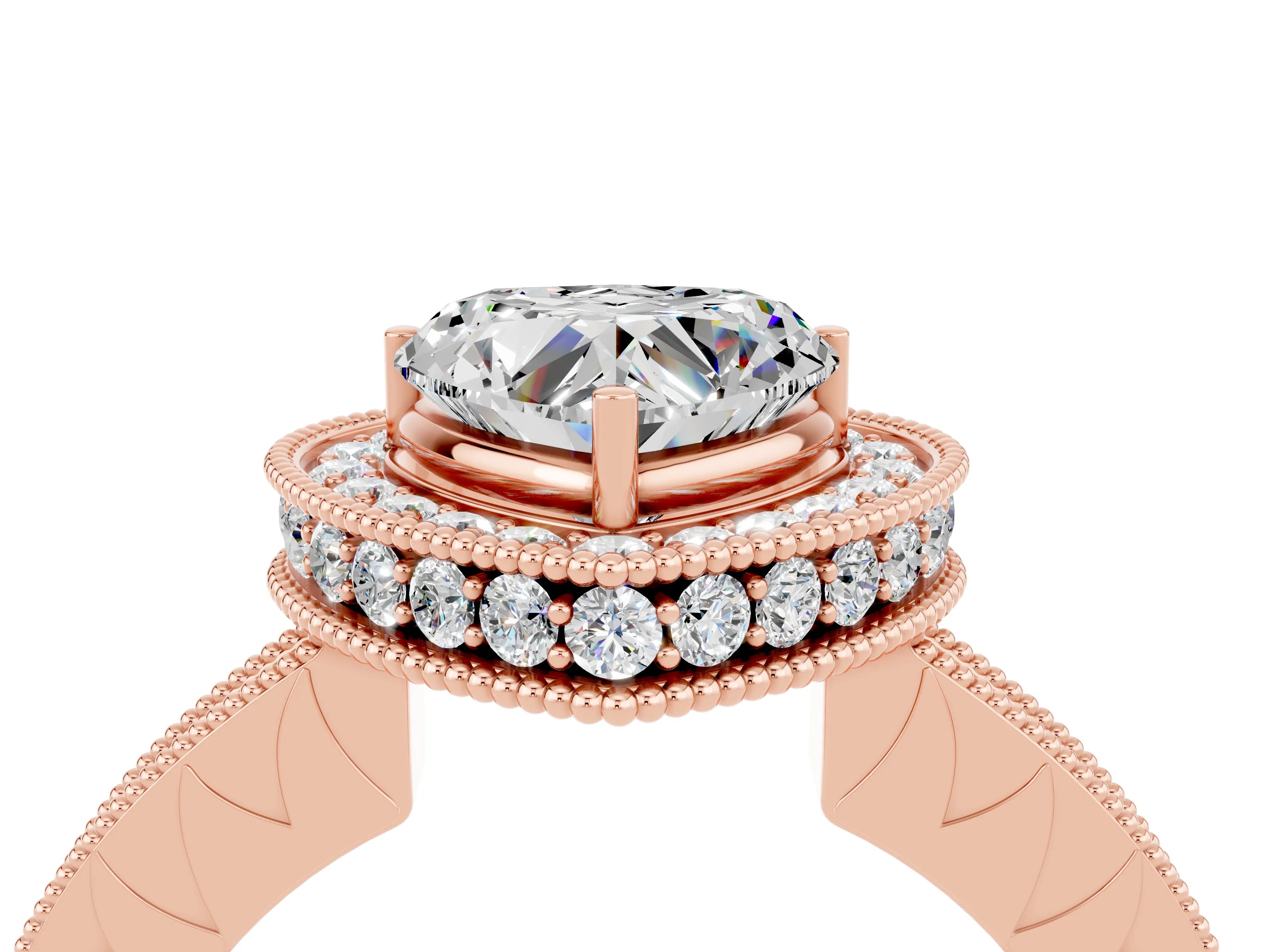 Rose gold Heart Cut Halo Diamond Engagement Ring with Milgrain Pave Band and Four-Prong Setting_4