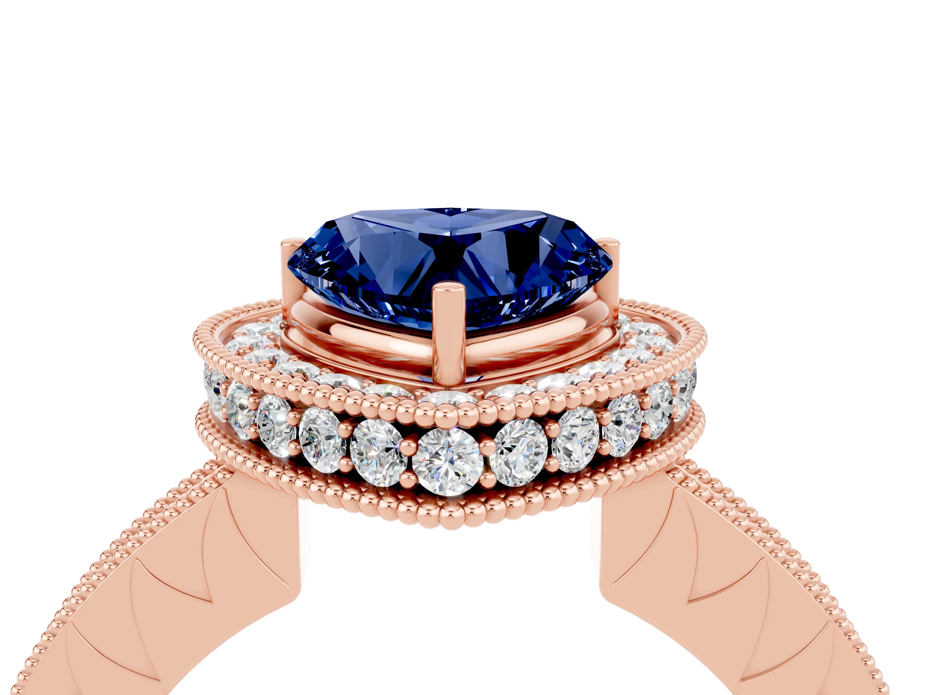 Rose gold Heart Cut Halo Diamond Engagement Ring with Milgrain Pave Band and Four-Prong Setting_4