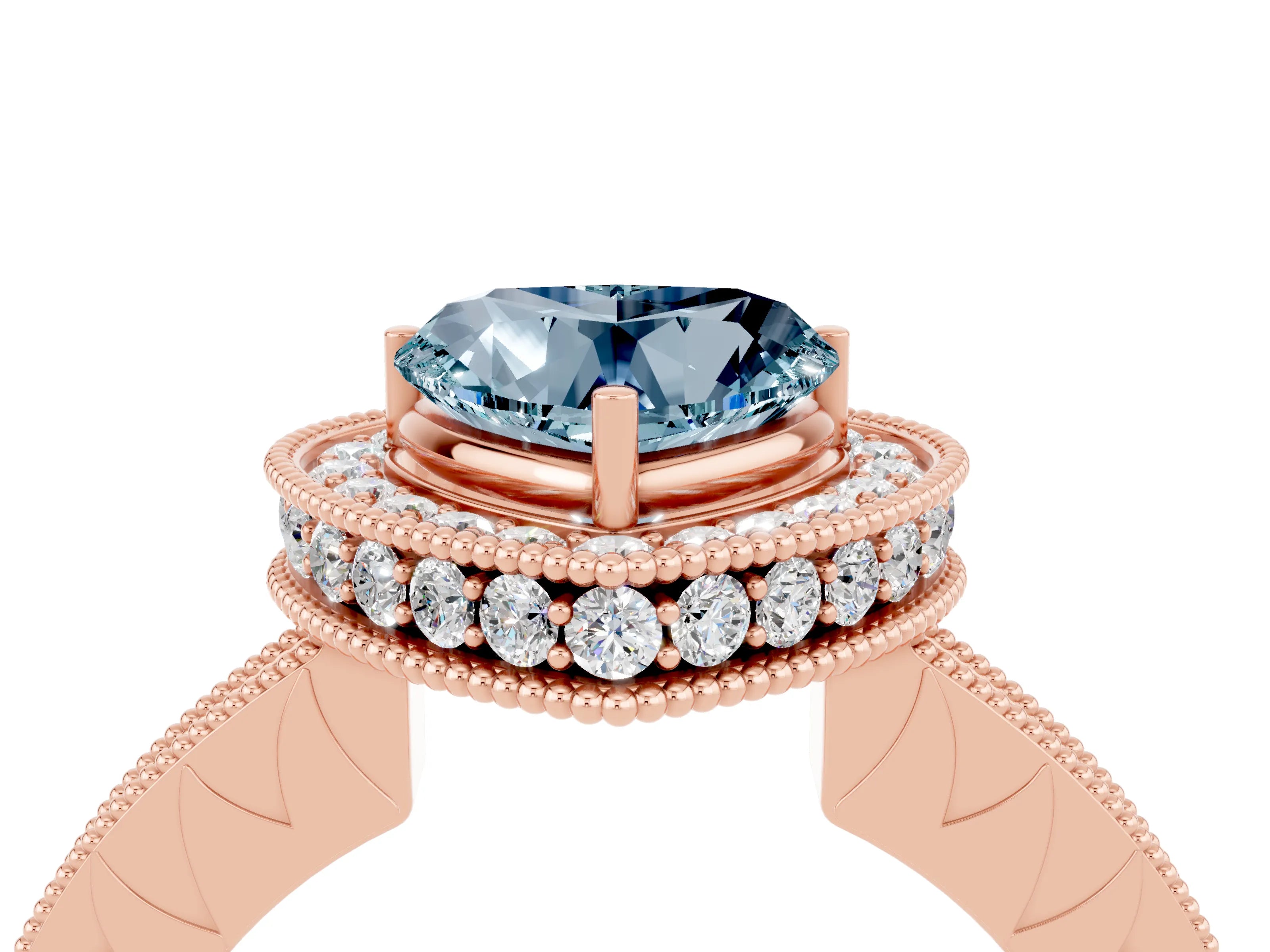 Rose gold Heart Cut Halo Diamond Engagement Ring with Milgrain Pave Band and Four-Prong Setting_4