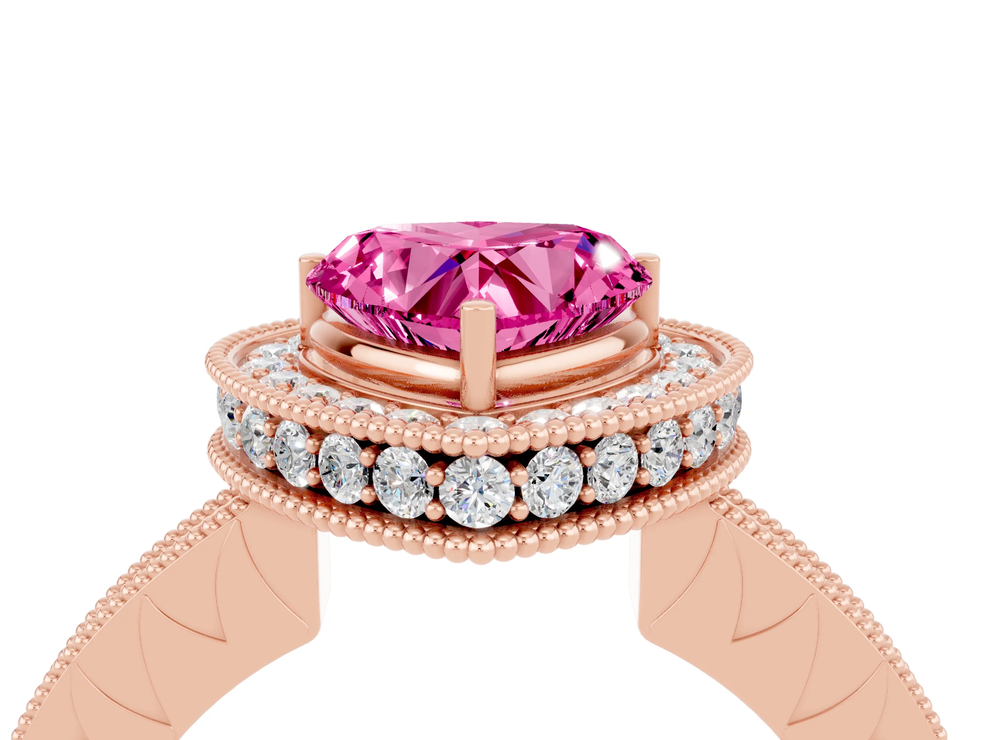 Rose gold Heart Cut Halo Diamond Engagement Ring with Milgrain Pave Band and Four-Prong Setting_4