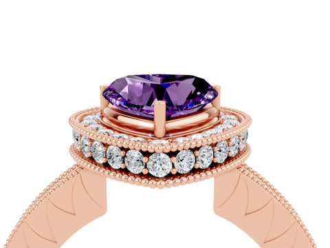 Rose gold Heart Cut Halo Diamond Engagement Ring with Milgrain Pave Band and Four-Prong Setting_4