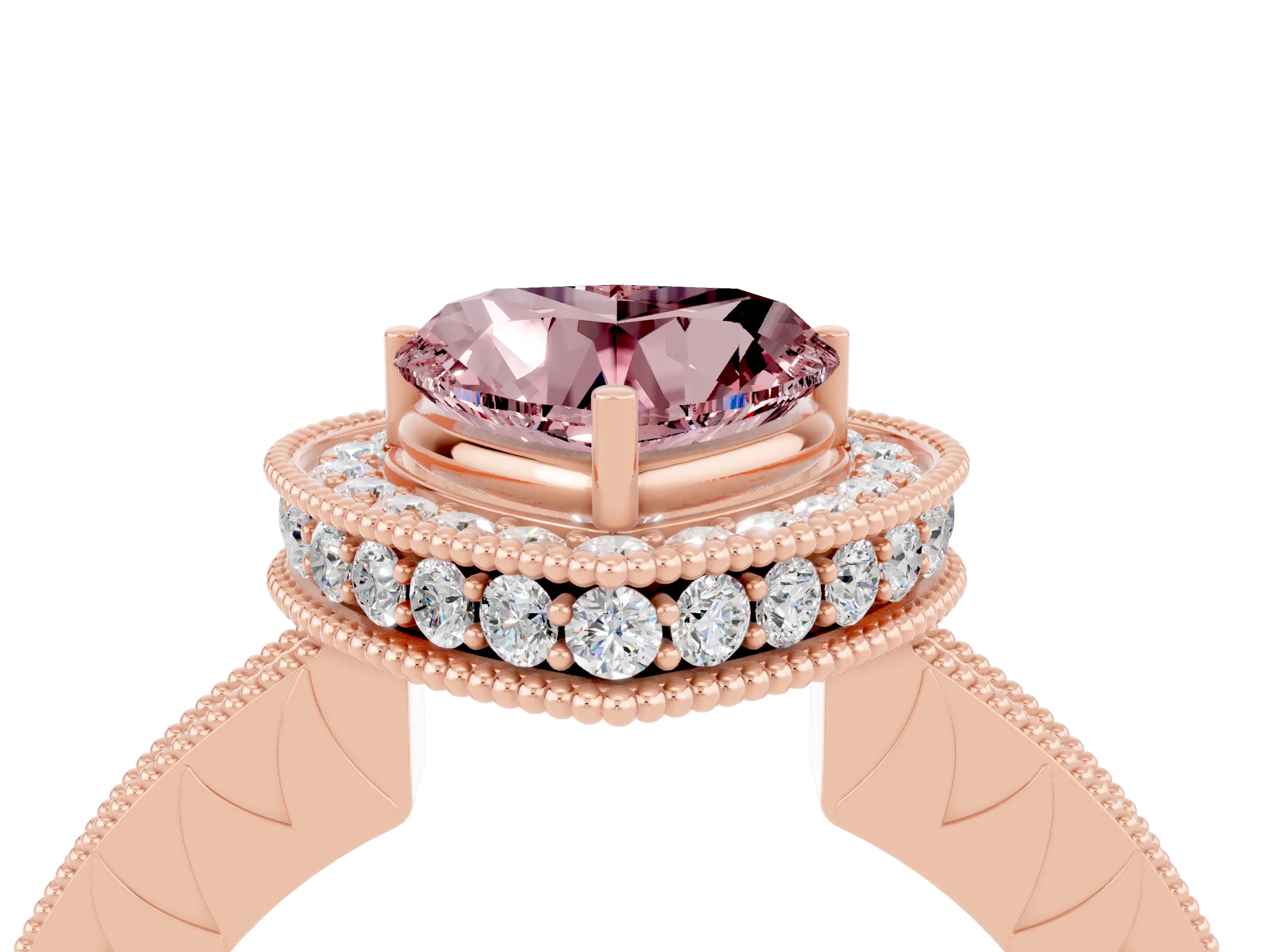 Rose gold Heart Cut Halo Diamond Engagement Ring with Milgrain Pave Band and Four-Prong Setting_4