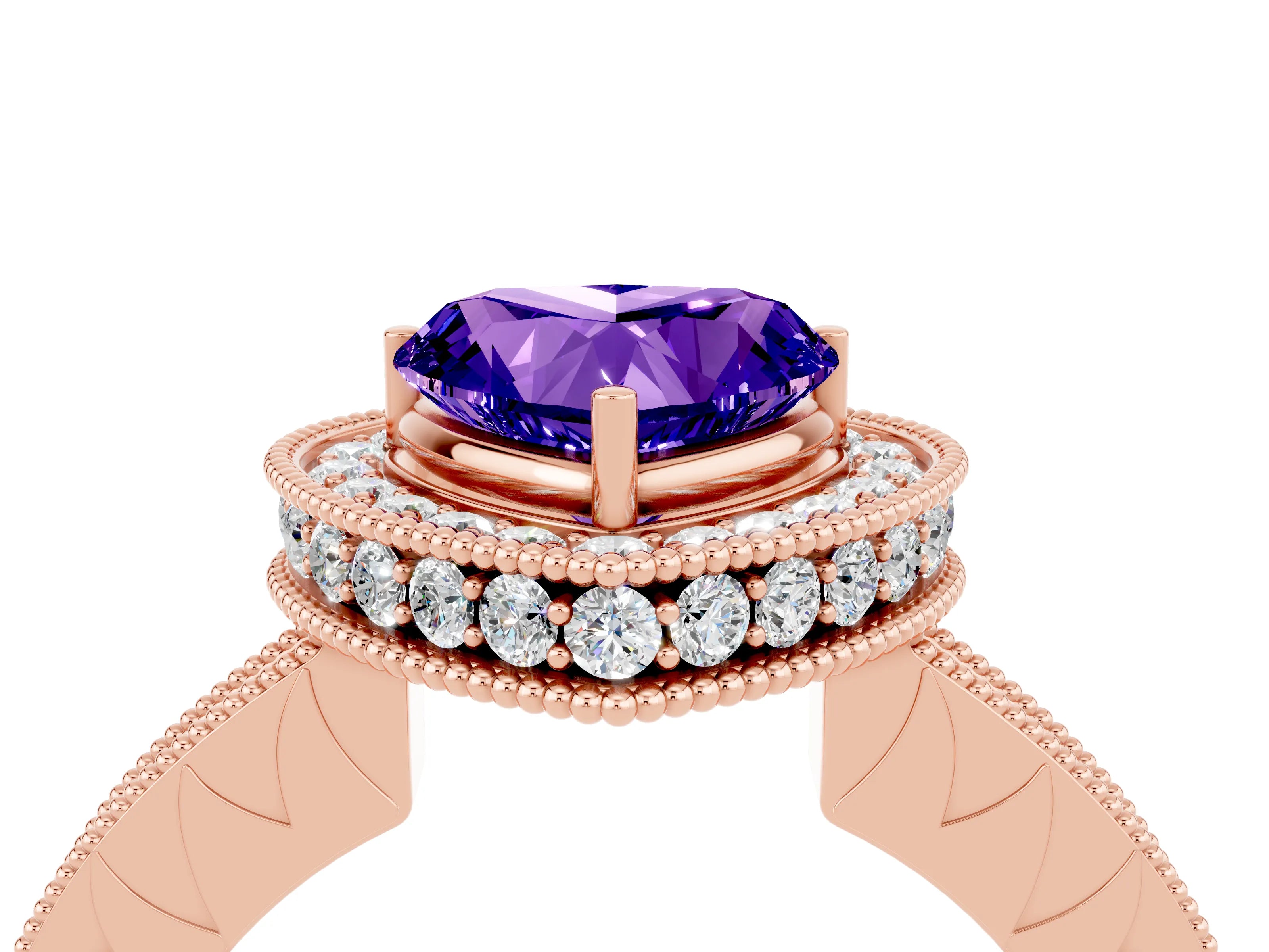 Rose gold Heart Cut Halo Diamond Engagement Ring with Milgrain Pave Band and Four-Prong Setting_4