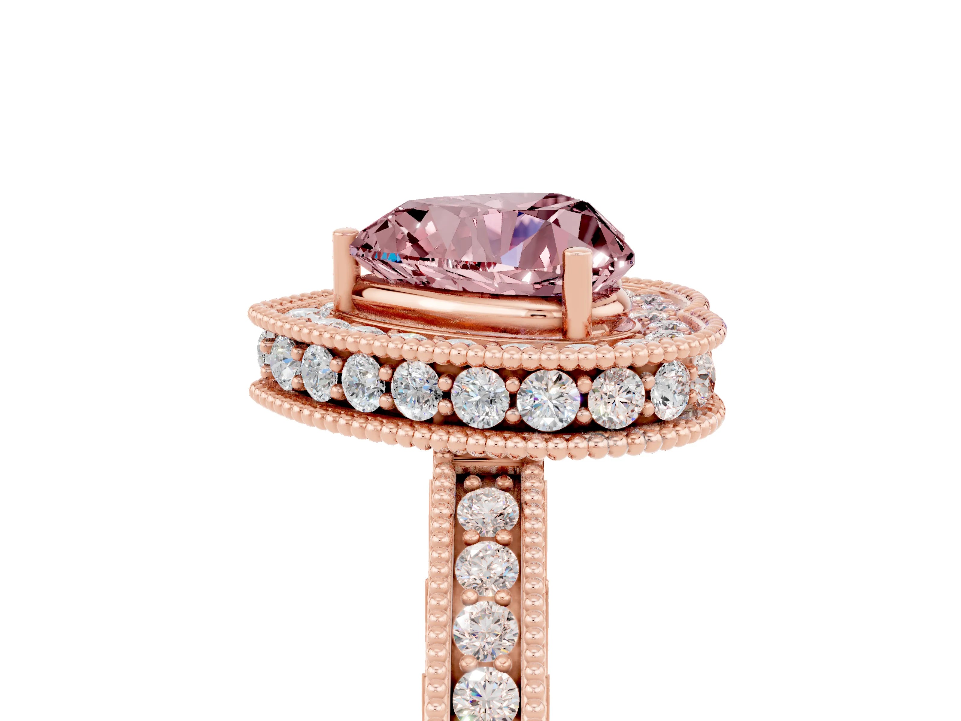 Rose gold Heart Cut Halo Diamond Engagement Ring with Milgrain Pave Band and Four-Prong Setting_5