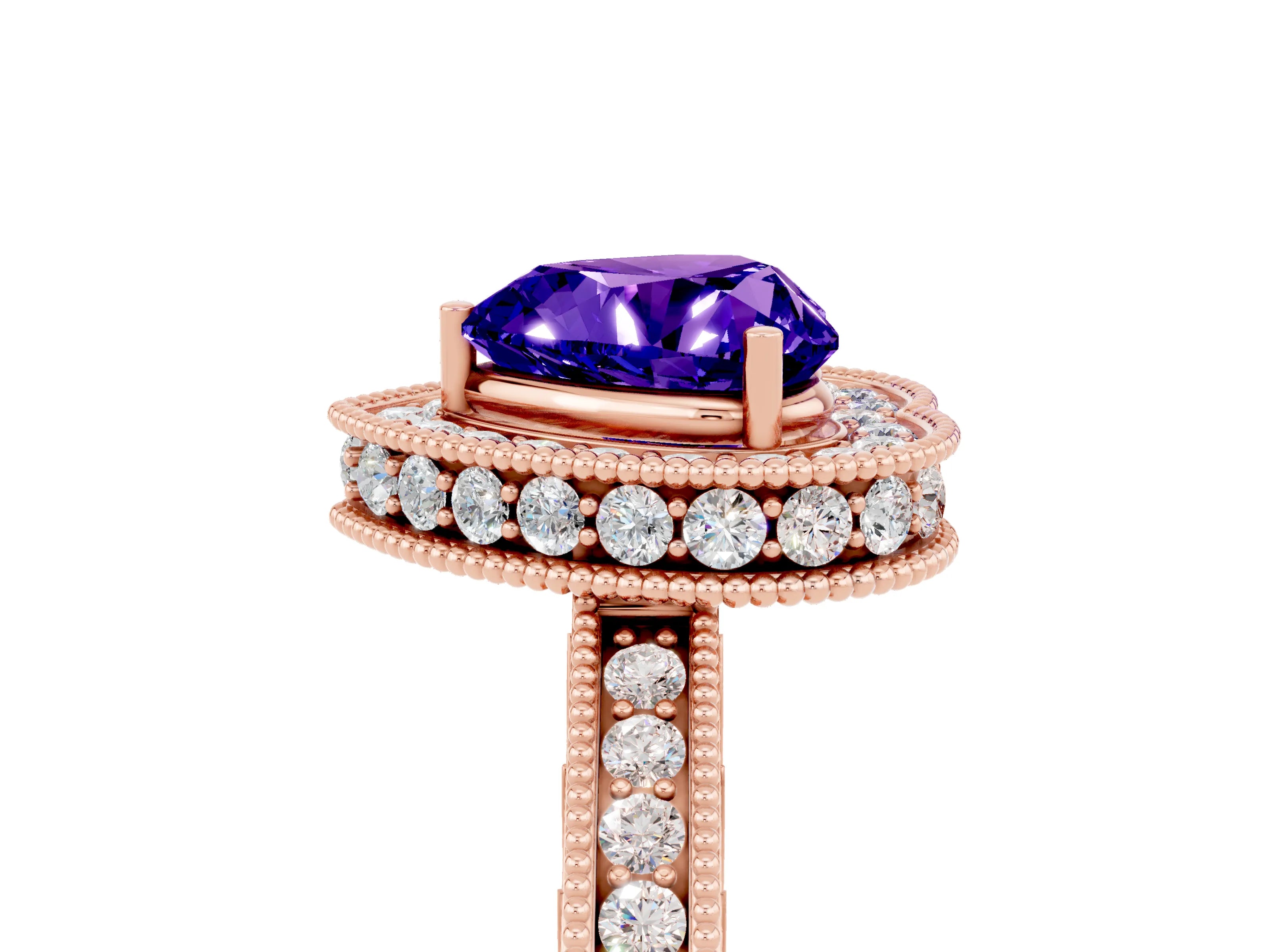 Rose gold Heart Cut Halo Diamond Engagement Ring with Milgrain Pave Band and Four-Prong Setting_5