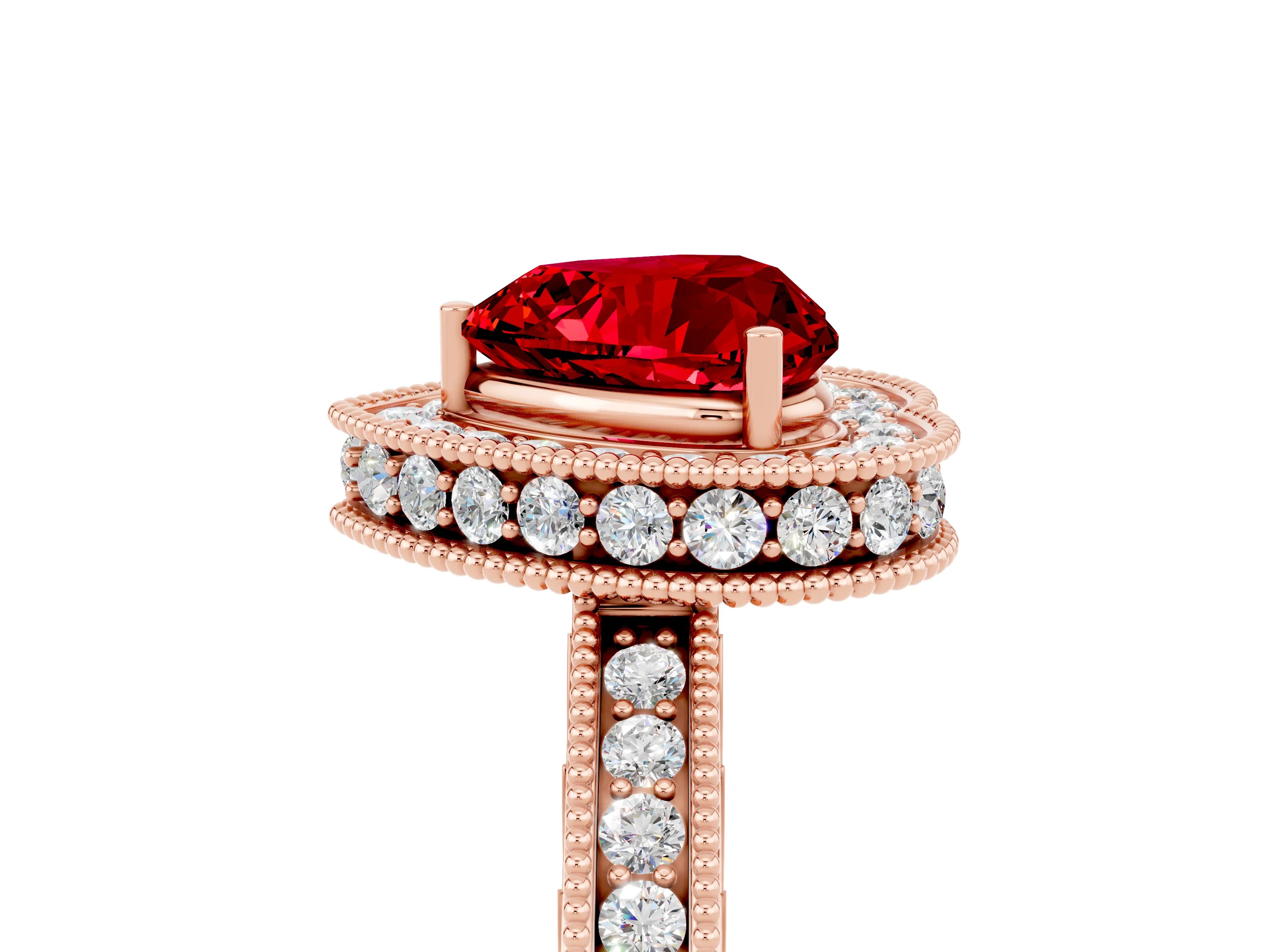 Rose gold Heart Cut Halo Diamond Engagement Ring with Milgrain Pave Band and Four-Prong Setting_5