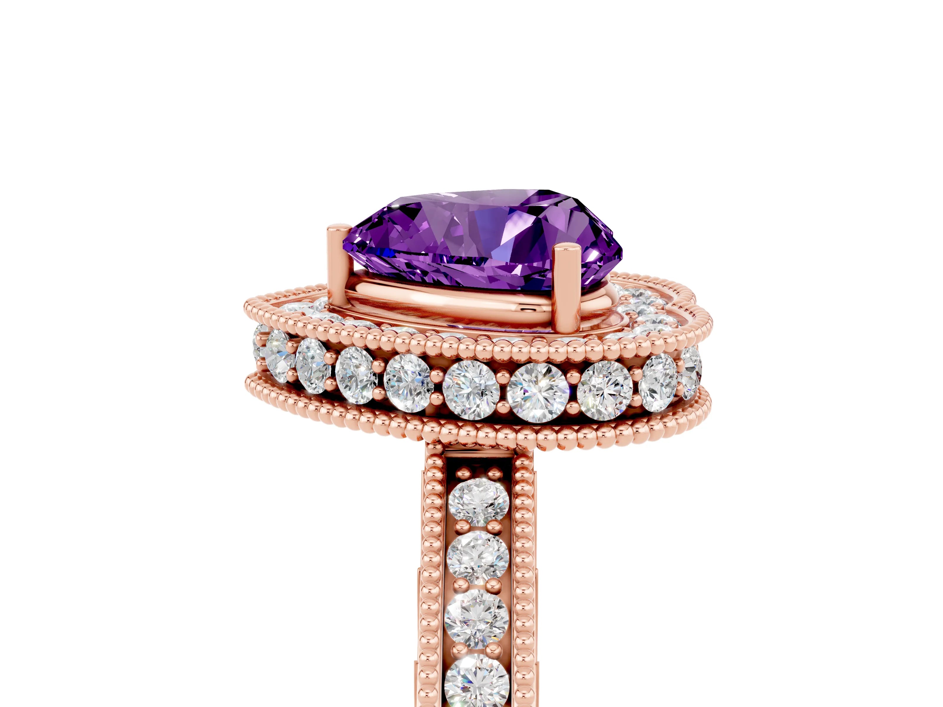 Rose gold Heart Cut Halo Diamond Engagement Ring with Milgrain Pave Band and Four-Prong Setting_5