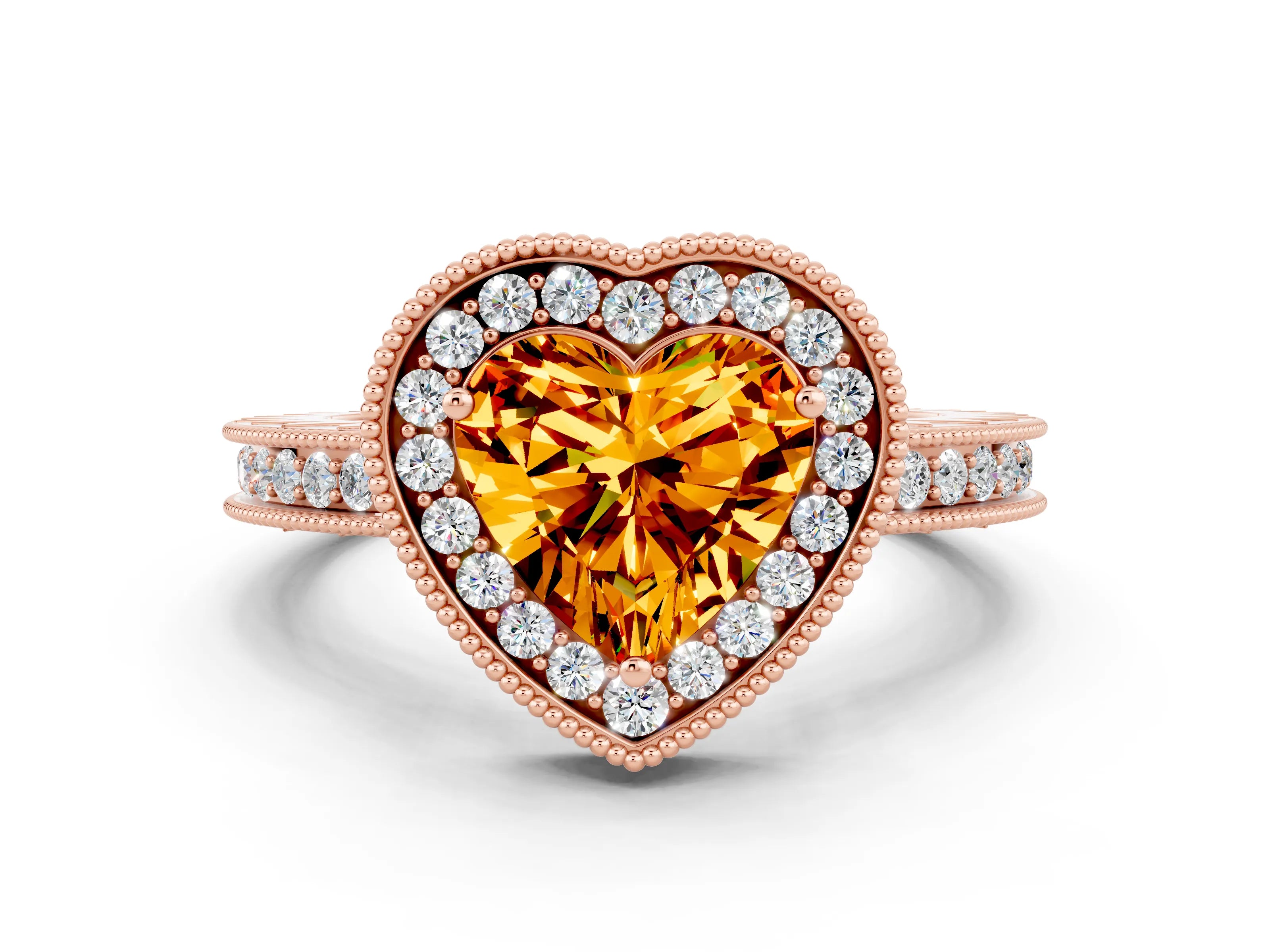 Rose gold Heart Cut Halo Diamond Engagement Ring with Milgrain Pave Band and Four-Prong Setting