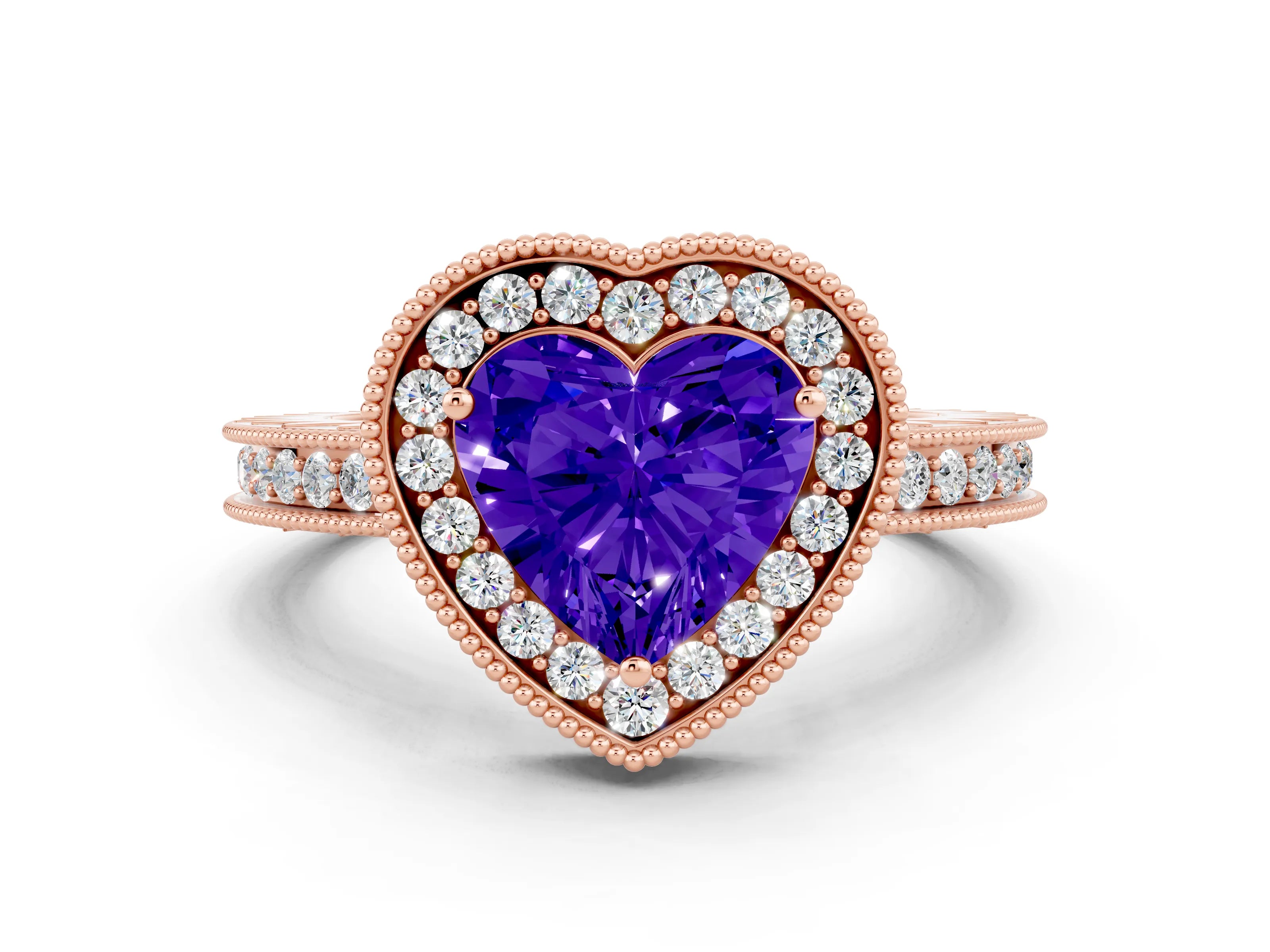 Rose gold Heart Cut Halo Diamond Engagement Ring with Milgrain Pave Band and Four-Prong Setting