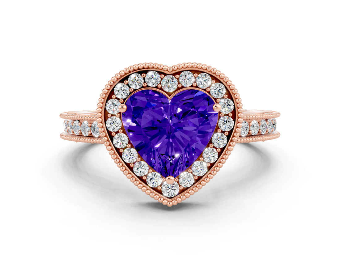 Rose gold Heart Cut Halo Diamond Engagement Ring with Milgrain Pave Band and Four-Prong Setting