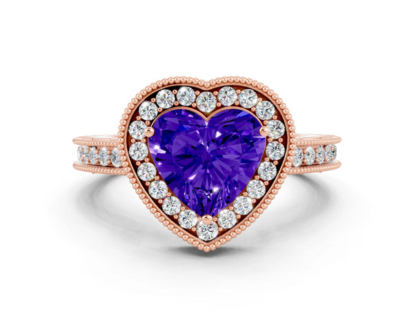 Rose gold Heart Cut Halo Diamond Engagement Ring with Milgrain Pave Band and Four-Prong Setting