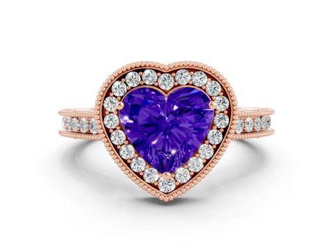 Rose gold Heart Cut Halo Diamond Engagement Ring with Milgrain Pave Band and Four-Prong Setting
