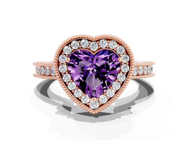 Rose gold Heart Cut Amethyst Milgrain Halo Engagement Ring with Round Pavé Band and Prong Setting