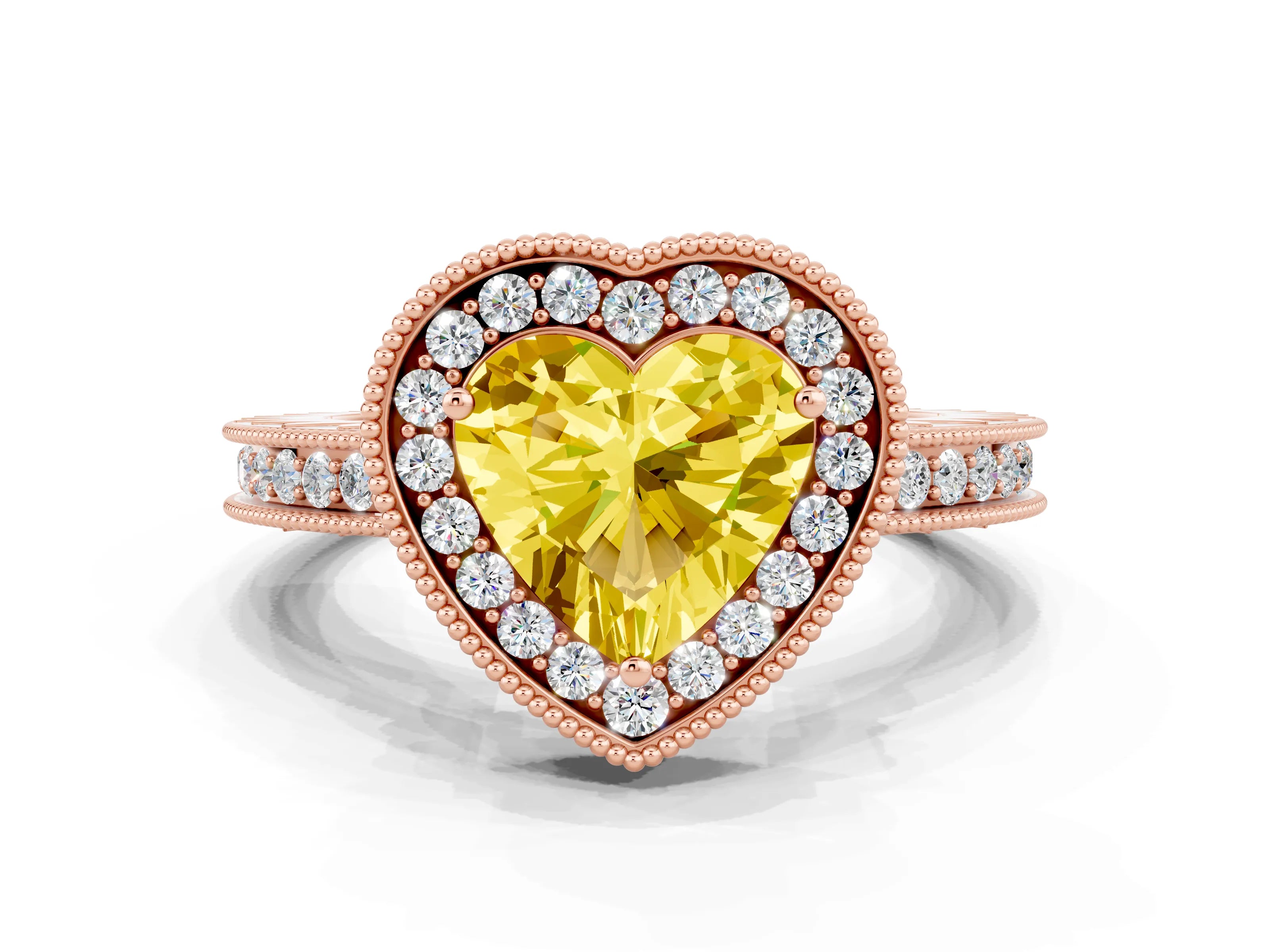 Rose gold Heart Cut Halo Diamond Engagement Ring with Milgrain Pave Band and Four-Prong Setting
