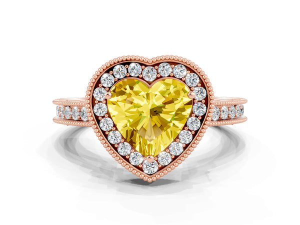 Rose gold Heart Cut Halo Diamond Engagement Ring with Milgrain Pave Band and Four-Prong Setting