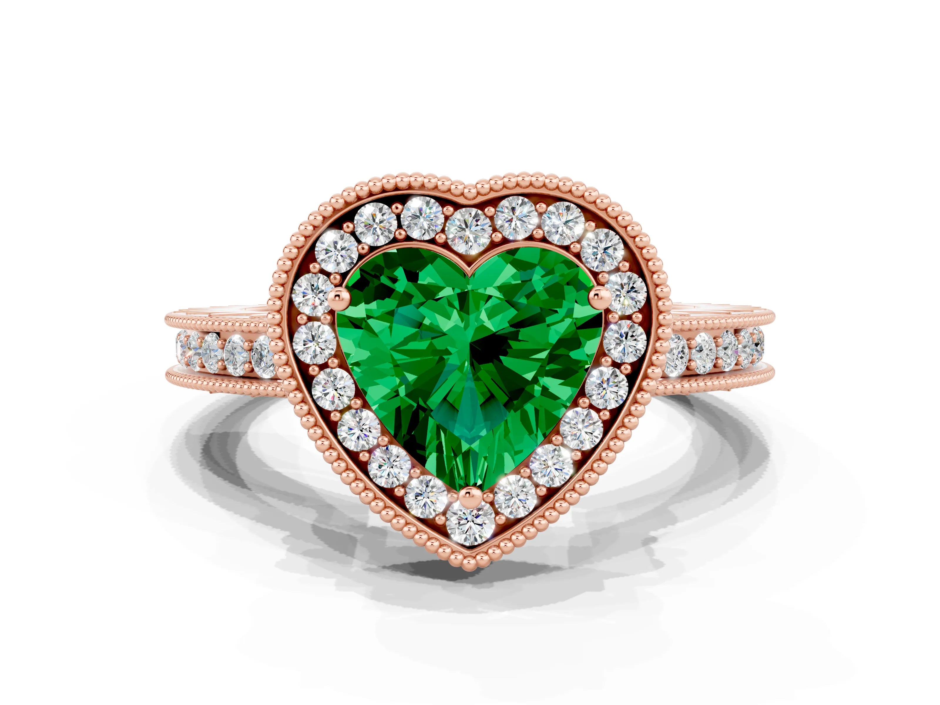Rose gold Heart Cut Halo Diamond Engagement Ring with Milgrain Pave Band and Four-Prong Setting