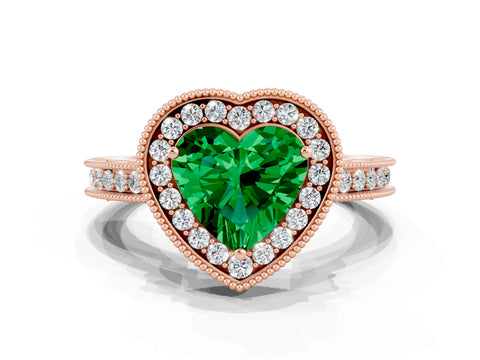 Rose gold Heart Cut Halo Diamond Engagement Ring with Milgrain Pave Band and Four-Prong Setting