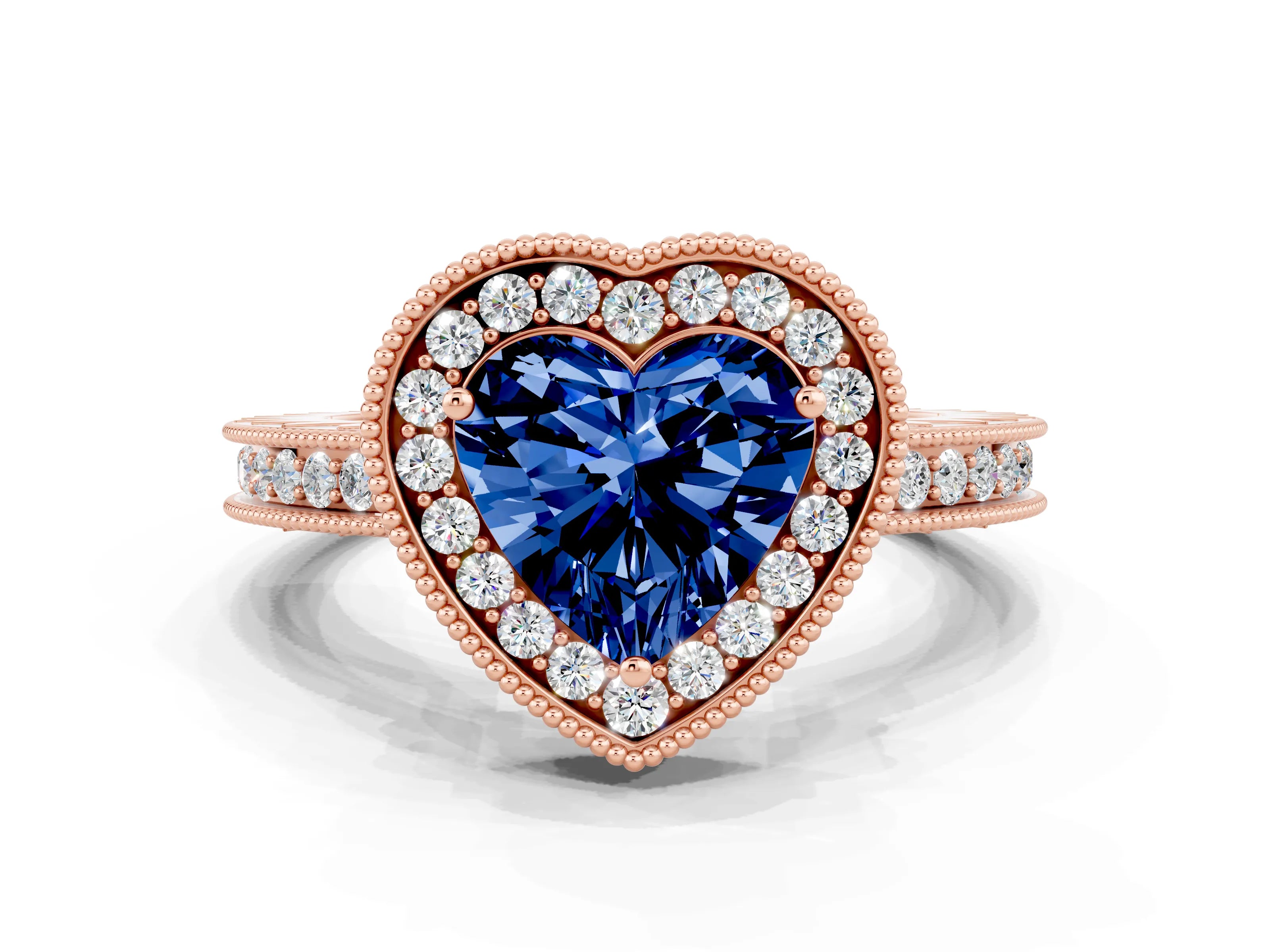 Rose gold Heart Cut Halo Diamond Engagement Ring with Milgrain Pave Band and Four-Prong Setting