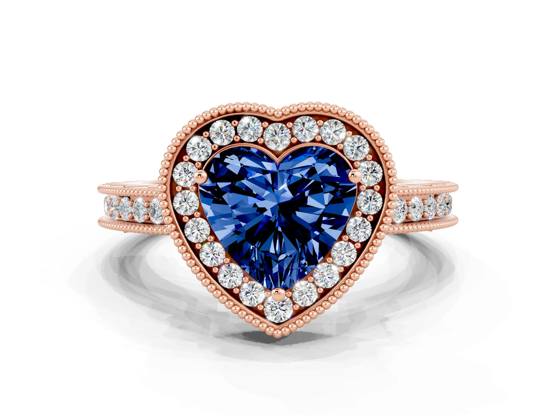 Rose gold Heart Cut Halo Diamond Engagement Ring with Milgrain Pave Band and Four-Prong Setting